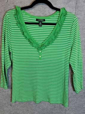 Lauren Ralph Lauren Green Striped Ruffle V-Neck Top